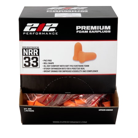 212 Performance Bell Shape 33 dB NRR Disposable Foam Ear Plugs, 200-Pair Box HPD05
